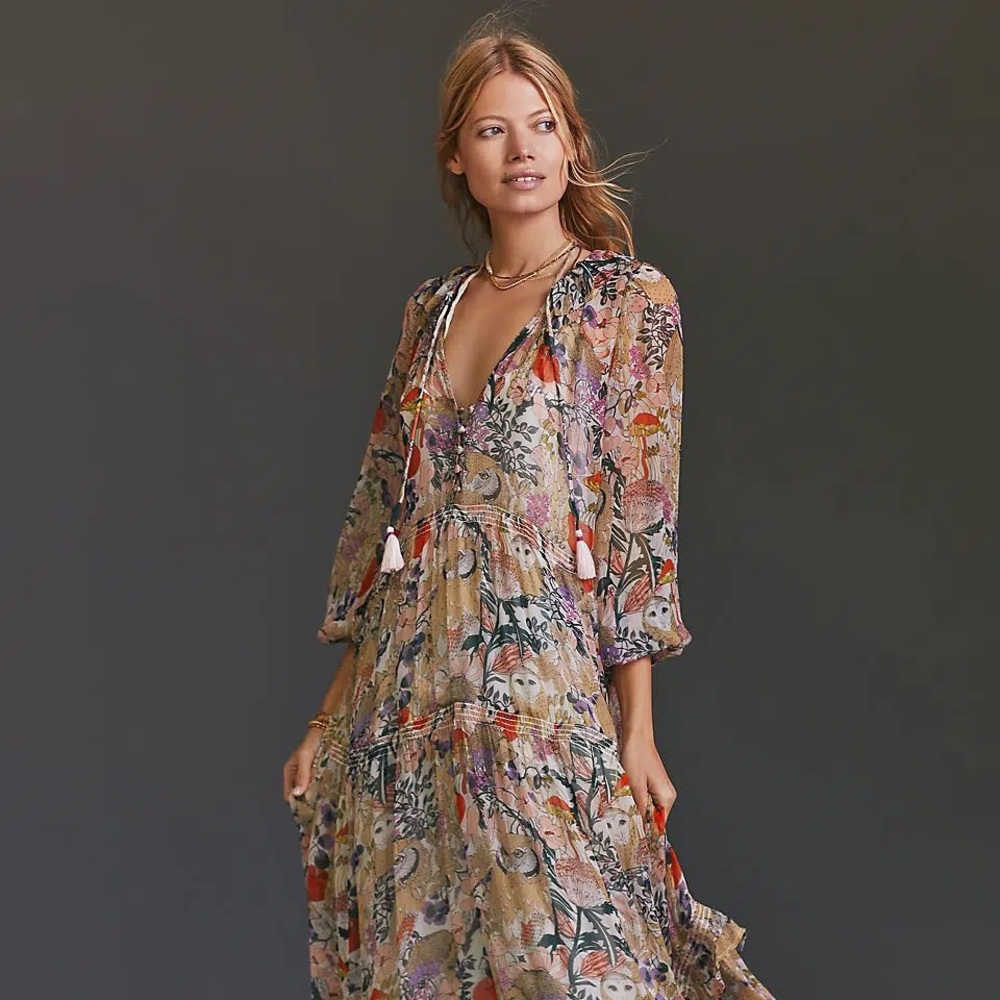 RARE boho Anthropologie floral, tiered maxi dress